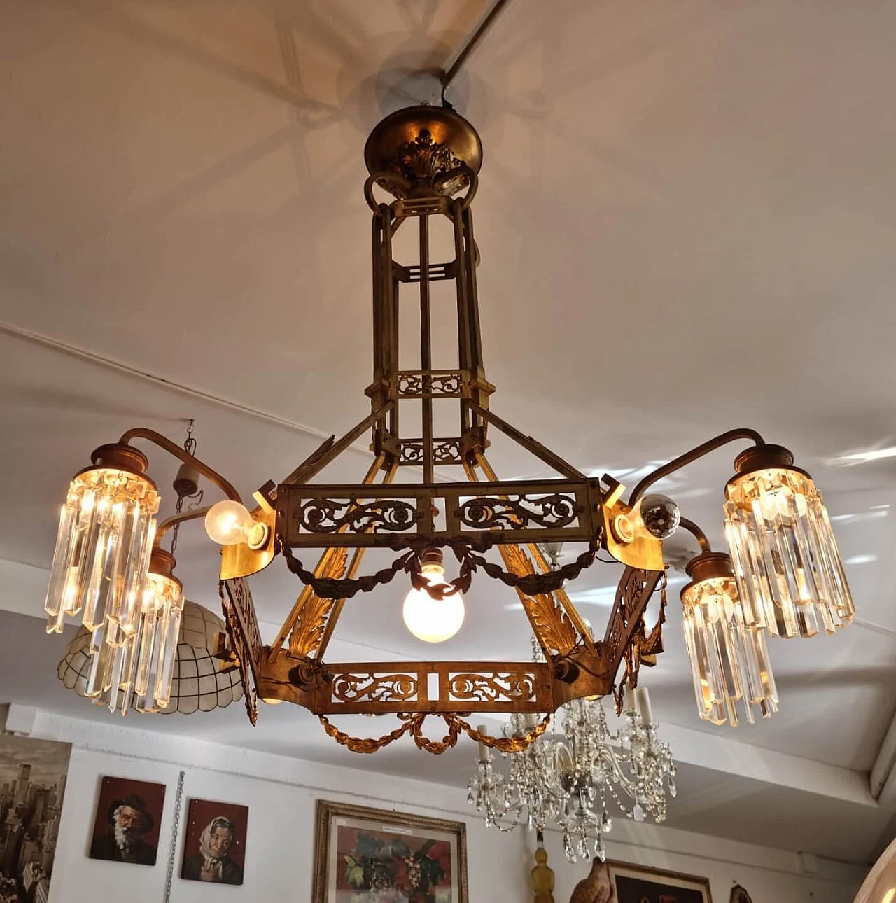 Art Nouveau gilded brass chandelier with pendants, 1920s 4