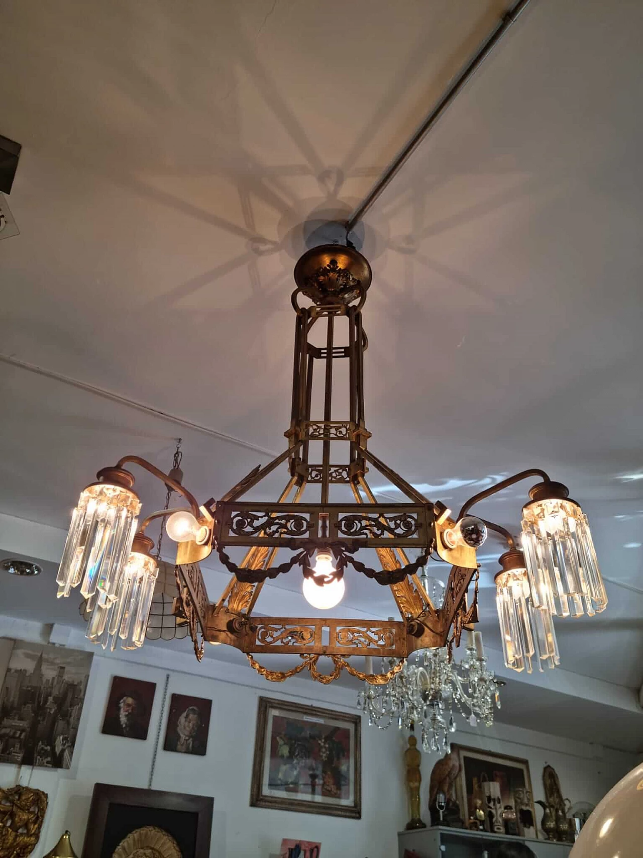 Art Nouveau gilded brass chandelier with pendants, 1920s 5