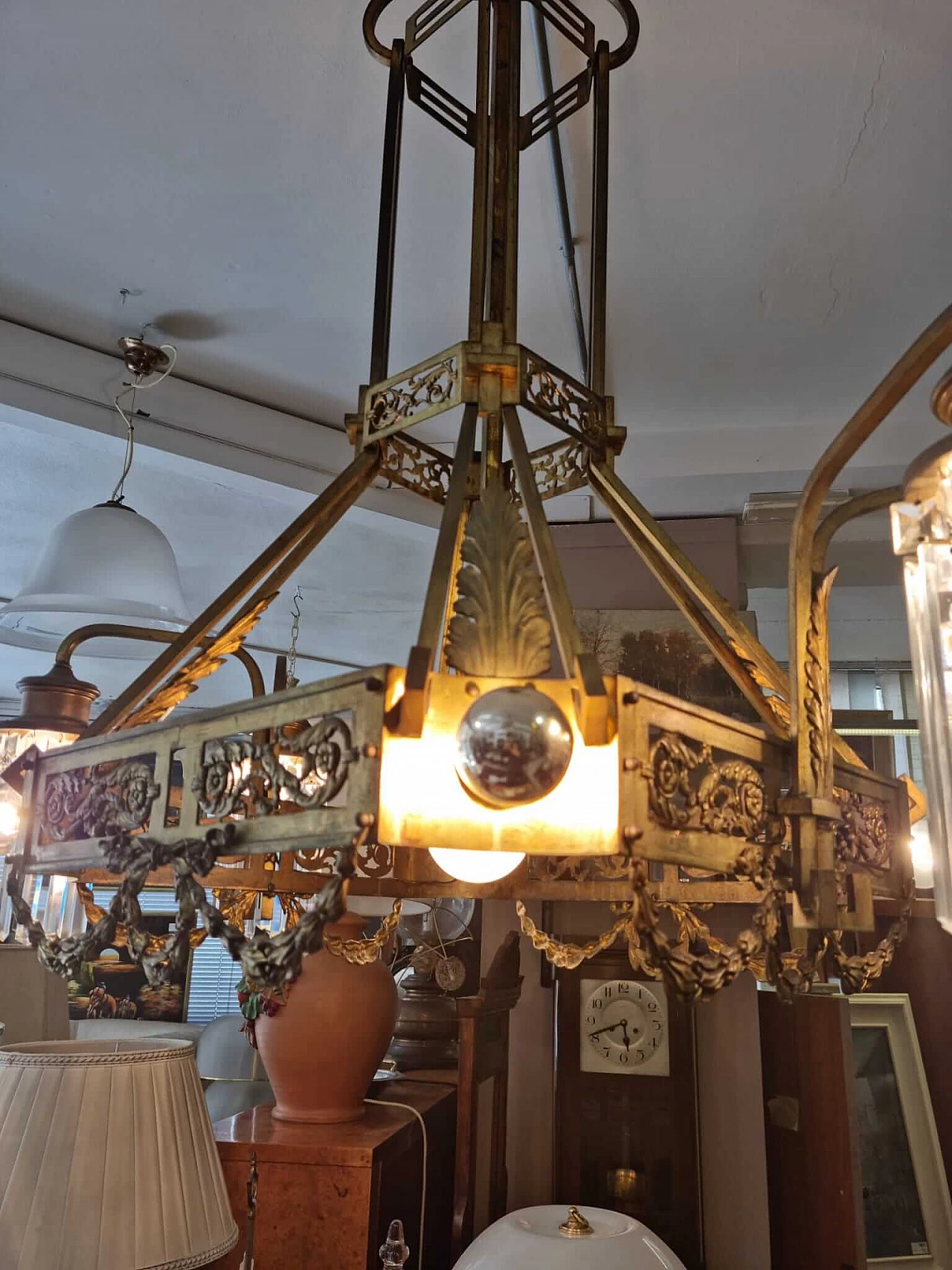 Art Nouveau gilded brass chandelier with pendants, 1920s 7