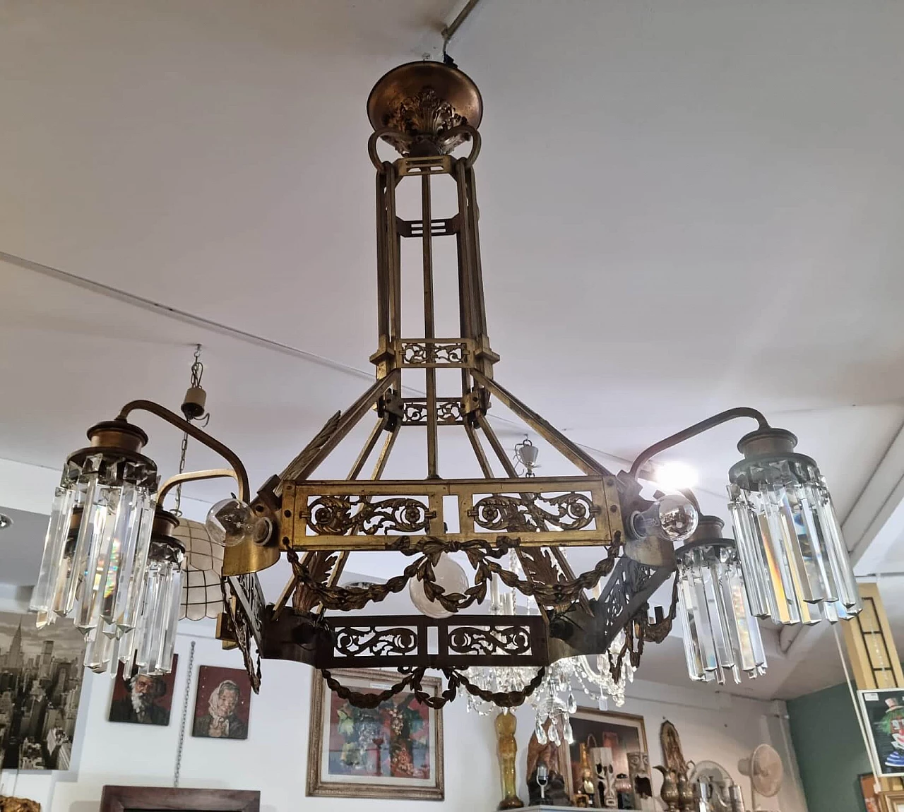 Art Nouveau gilded brass chandelier with pendants, 1920s 9