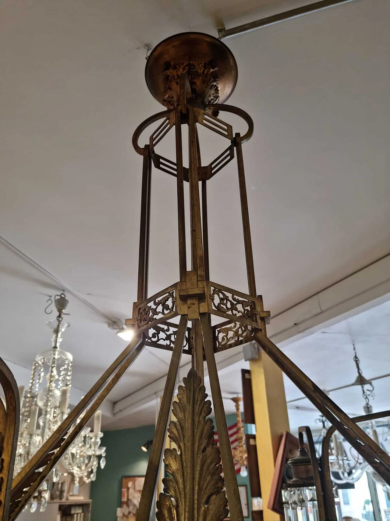 Art Nouveau gilded brass chandelier with pendants, 1920s 10