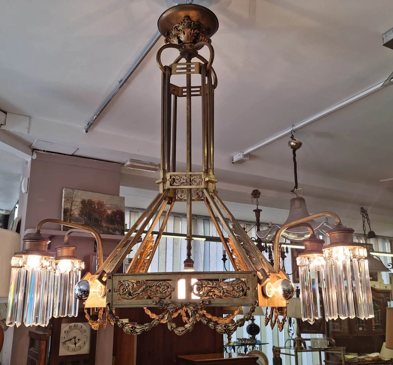 Art Nouveau gilded brass chandelier with pendants, 1920s 11