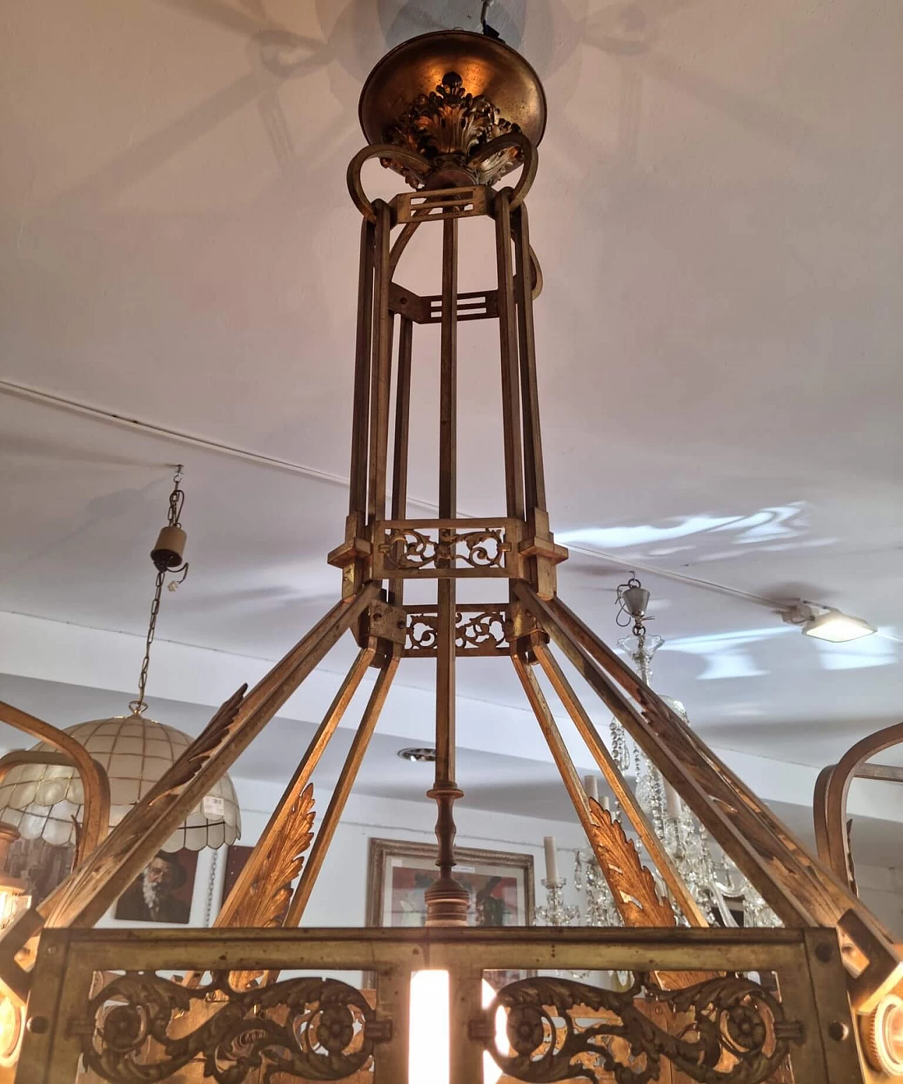 Art Nouveau gilded brass chandelier with pendants, 1920s 17