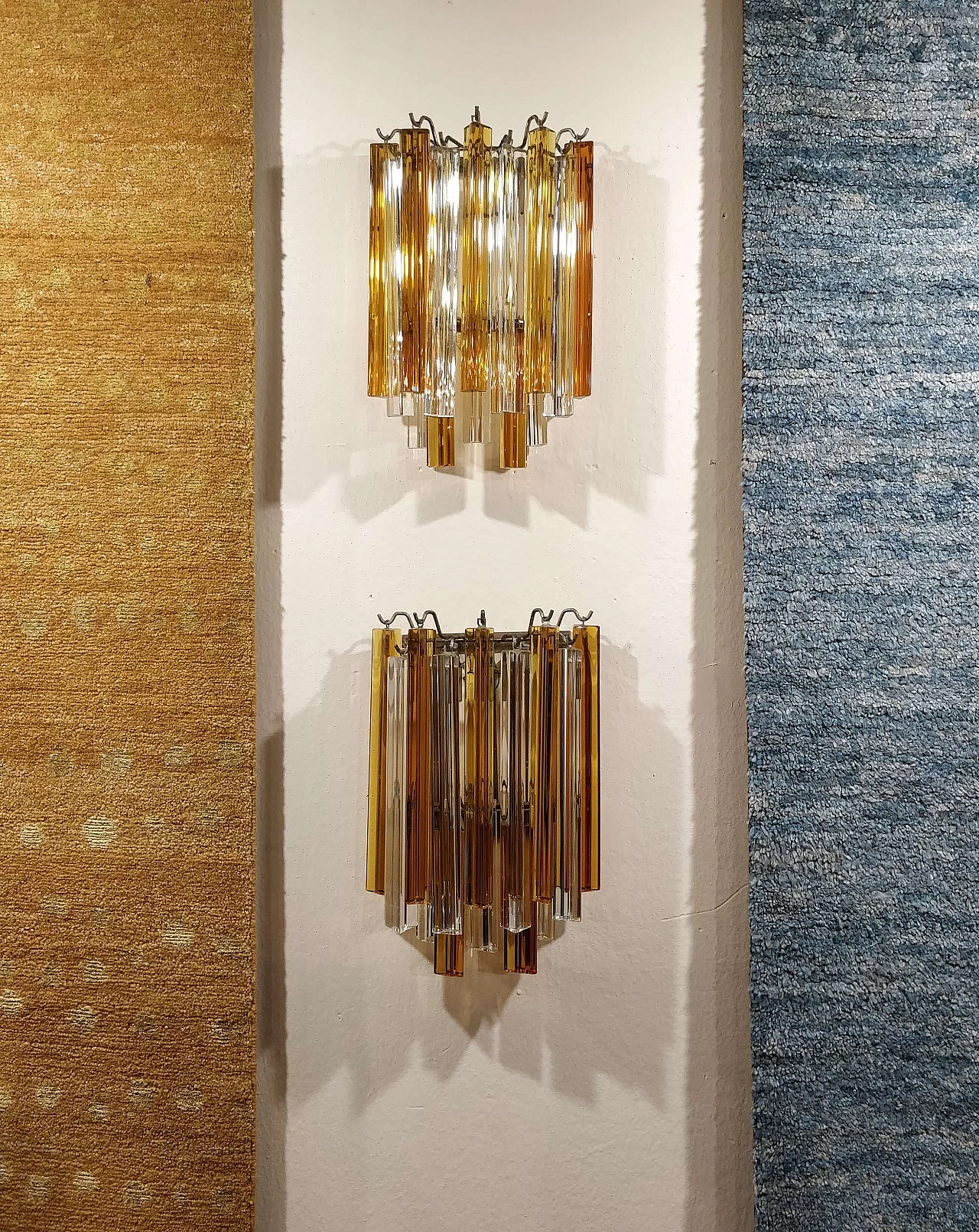 Pair of white and orange Murano glass wall sconces by Venini, 1970s 2