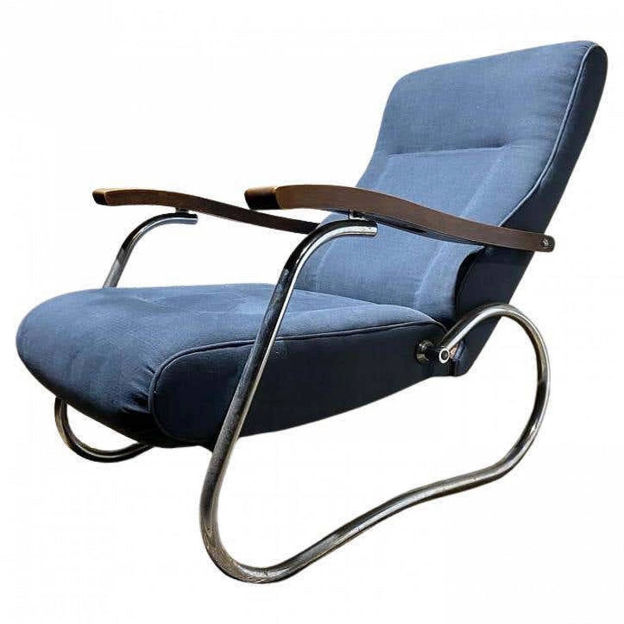 Poltrona reclinabile con struttura tubolare cromata e braccioli in legno di Thonet, anni '40 1