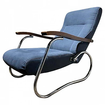 Poltrona reclinabile con struttura tubolare cromata e braccioli in legno di Thonet, anni '40