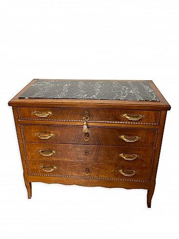 Art Deco chest of drawers in solid walnut with bachelized brass handles, 1940s