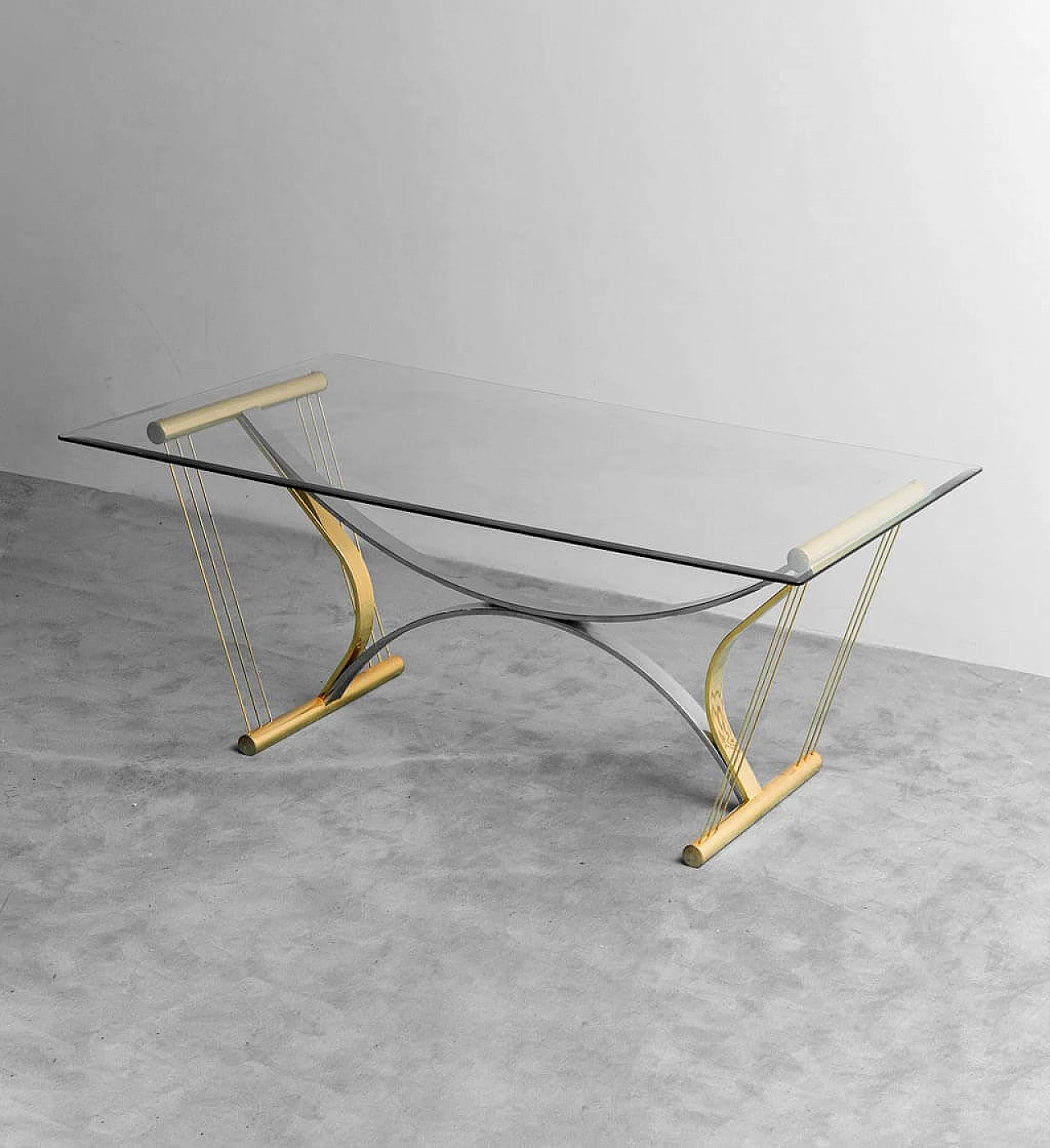 Chromed and gilded metal table with glass top, 1970s 1