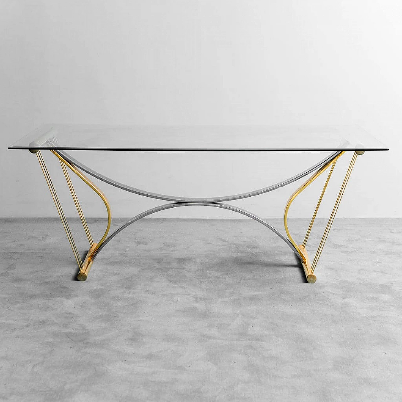 Chromed and gilded metal table with glass top, 1970s 10