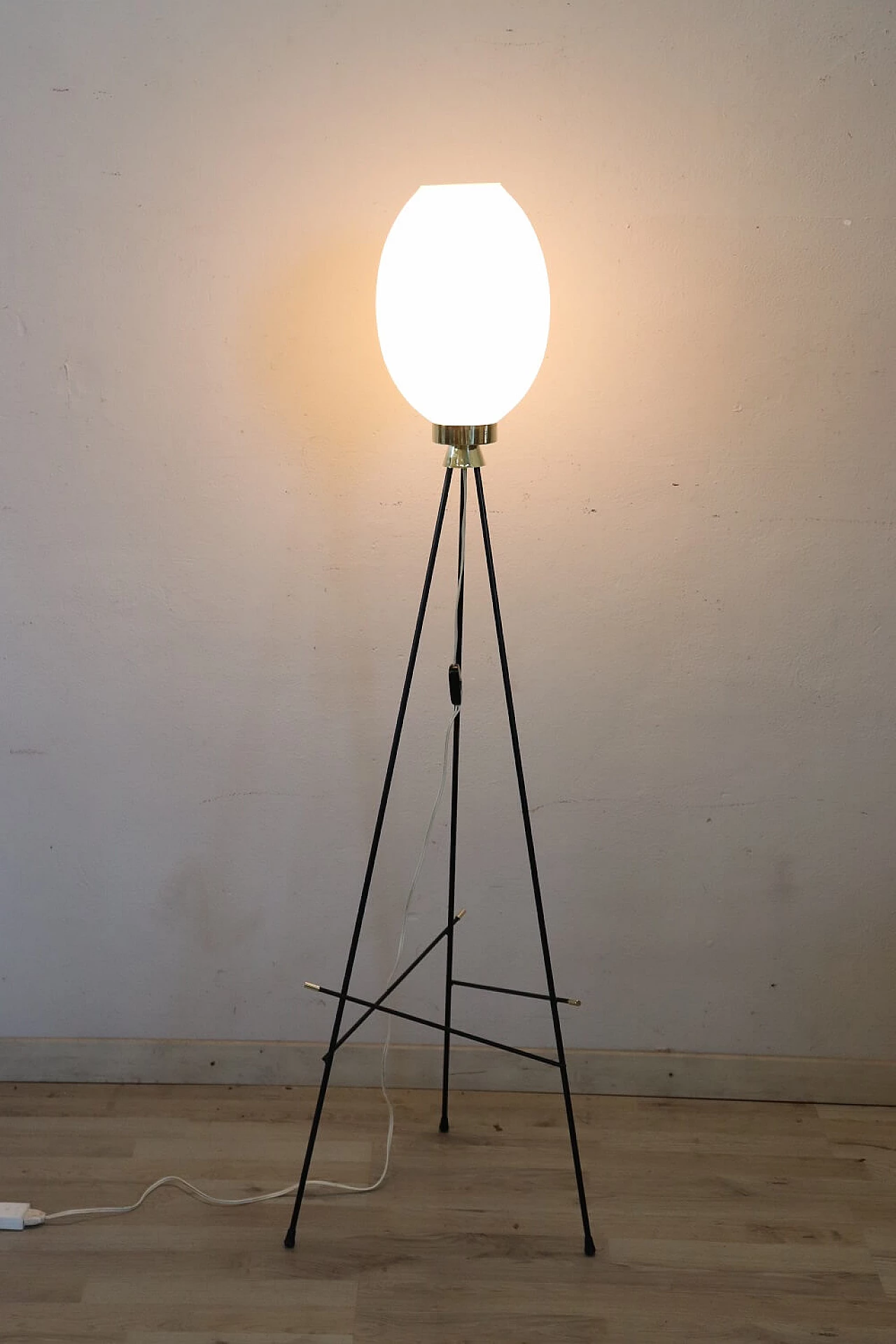 Stilnovo-style opaline glass and brass floor lamp, 1950s 2