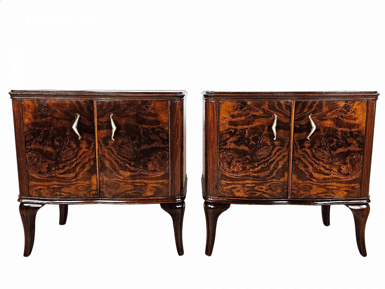 Pair of walnut bedside tables with brass handles and wavy legs, 1950s 36