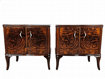 Pair of walnut bedside tables with brass handles and wavy legs, 1950s