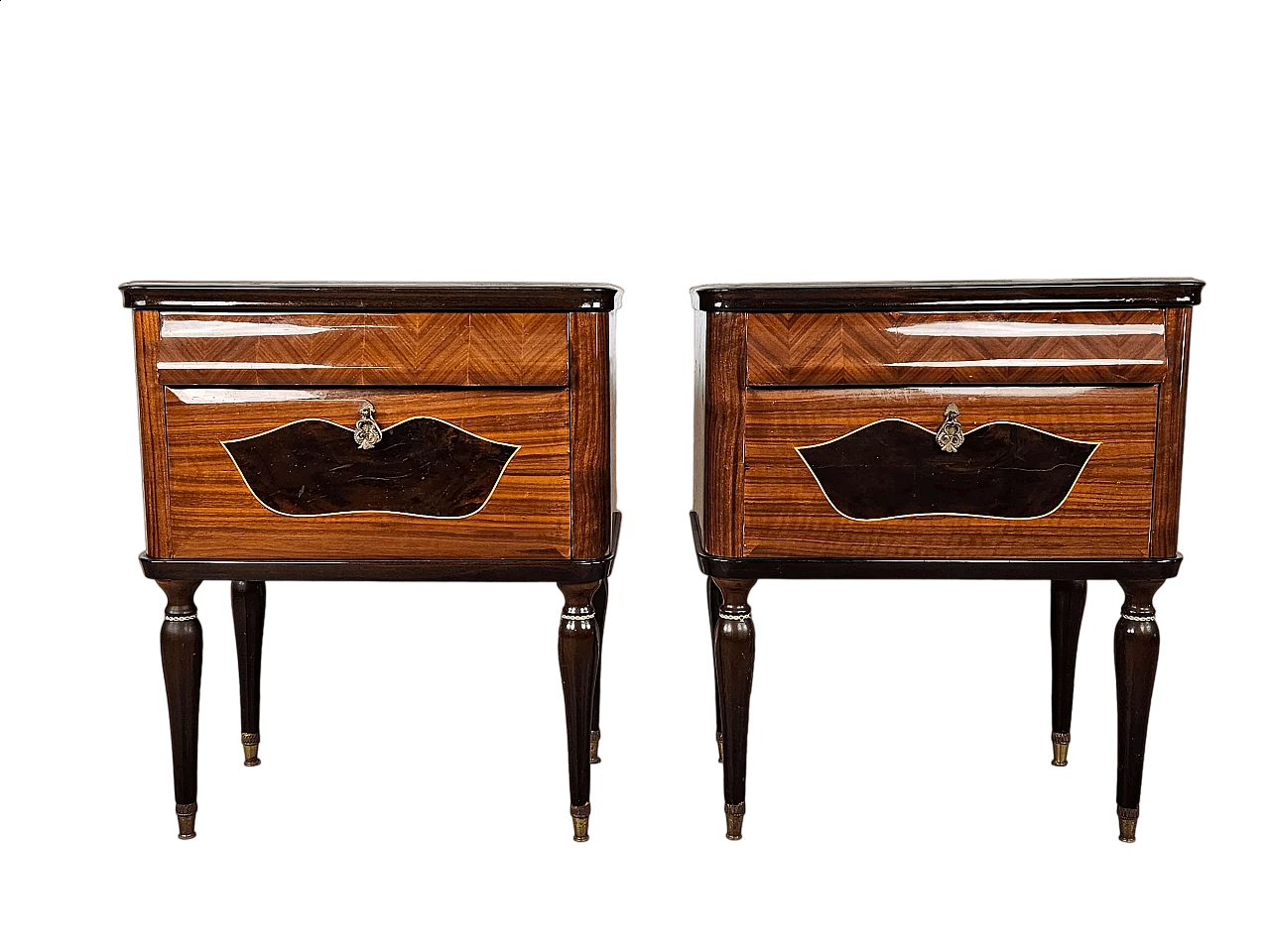 Pair of mahogany, maple and rosewood bedside tables with glass top and flap, 1960s 37