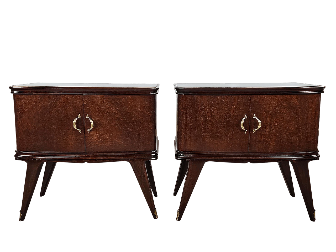 Pair of mahogany feather bedside tables with glass and brass handles, 1950s 37