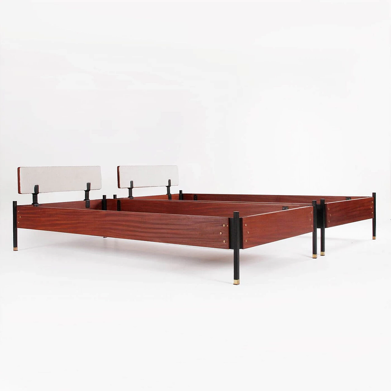 Pair of teak veneered wood, metal and fabric beds, 1960s 1