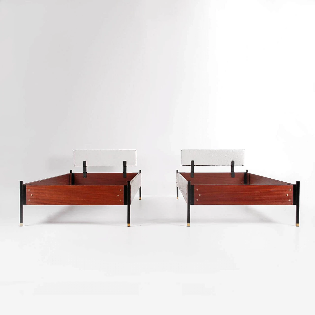 Pair of teak veneered wood, metal and fabric beds, 1960s 2