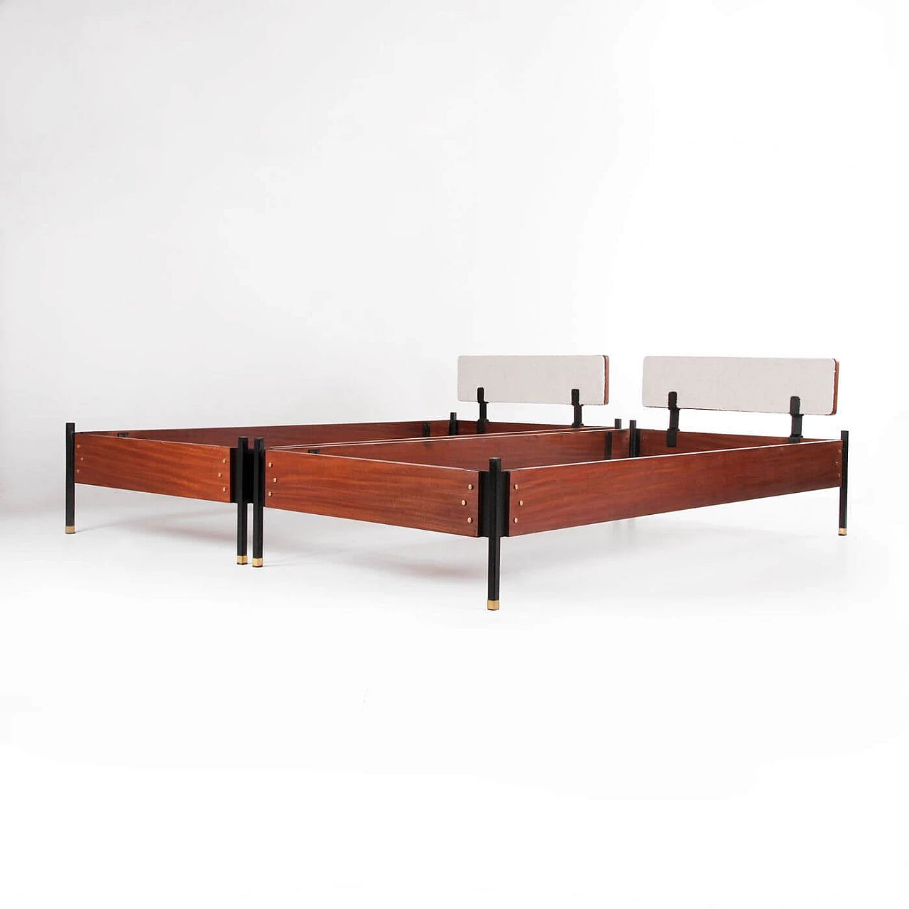 Pair of teak veneered wood, metal and fabric beds, 1960s 3