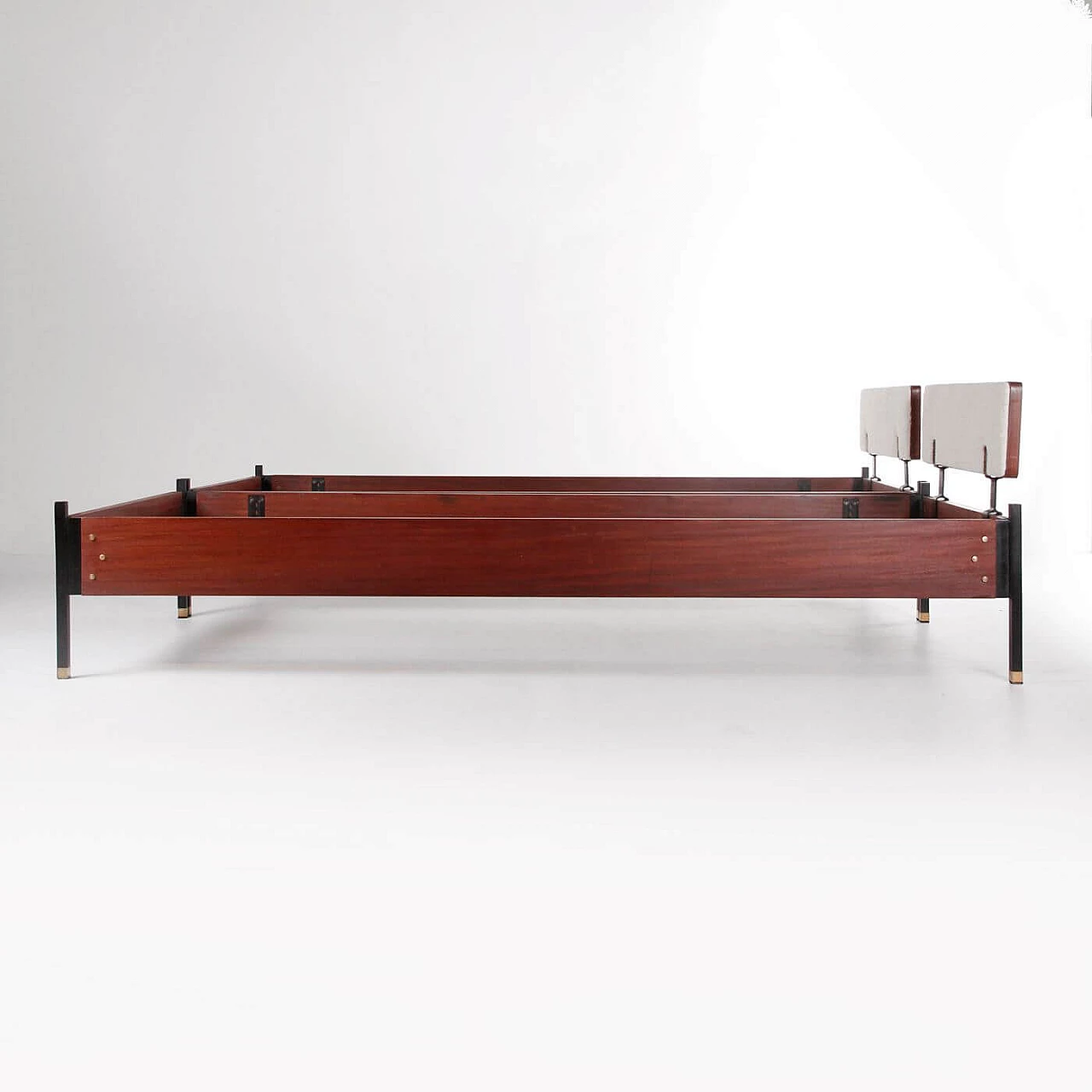 Pair of teak veneered wood, metal and fabric beds, 1960s 4