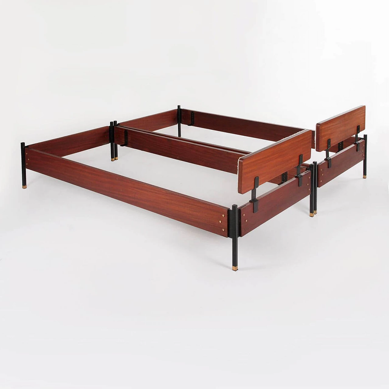 Pair of teak veneered wood, metal and fabric beds, 1960s 5