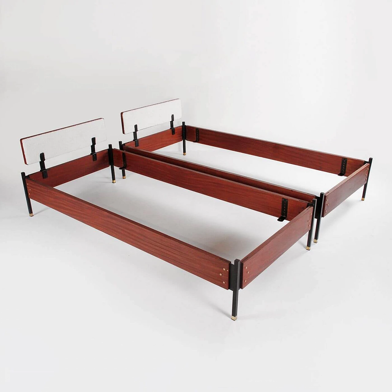 Pair of teak veneered wood, metal and fabric beds, 1960s 8