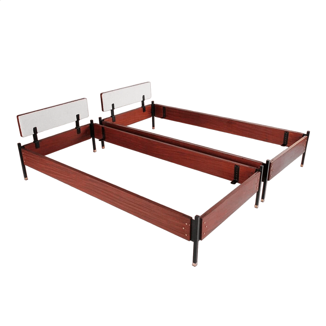 Pair of teak veneered wood, metal and fabric beds, 1960s 9