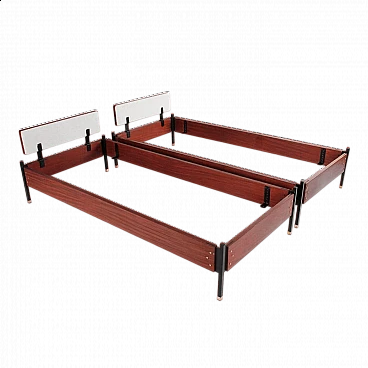 Pair of teak veneered wood, metal and fabric beds, 1960s