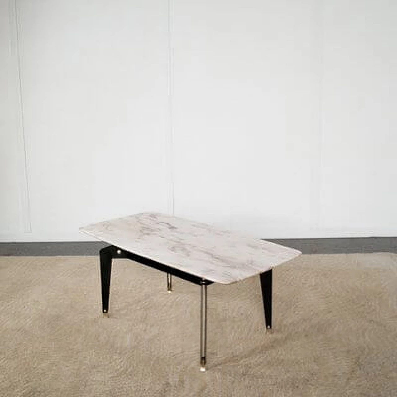 Black enameled metal, brass and pink marble coffee table, 1950s 5