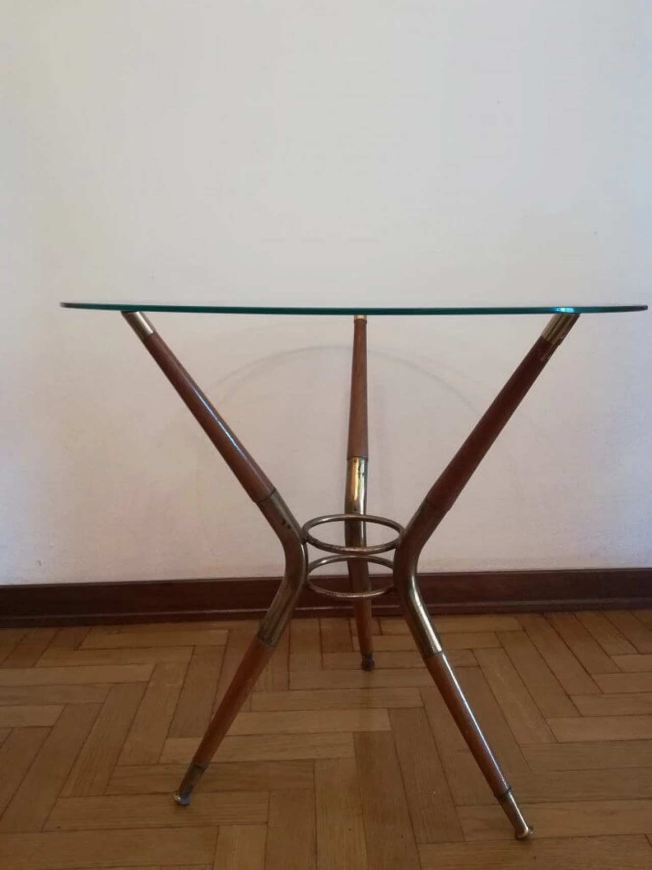 Coffee table in curved wood, glass and brass attributed to Cesare Lacca, 1950s 1