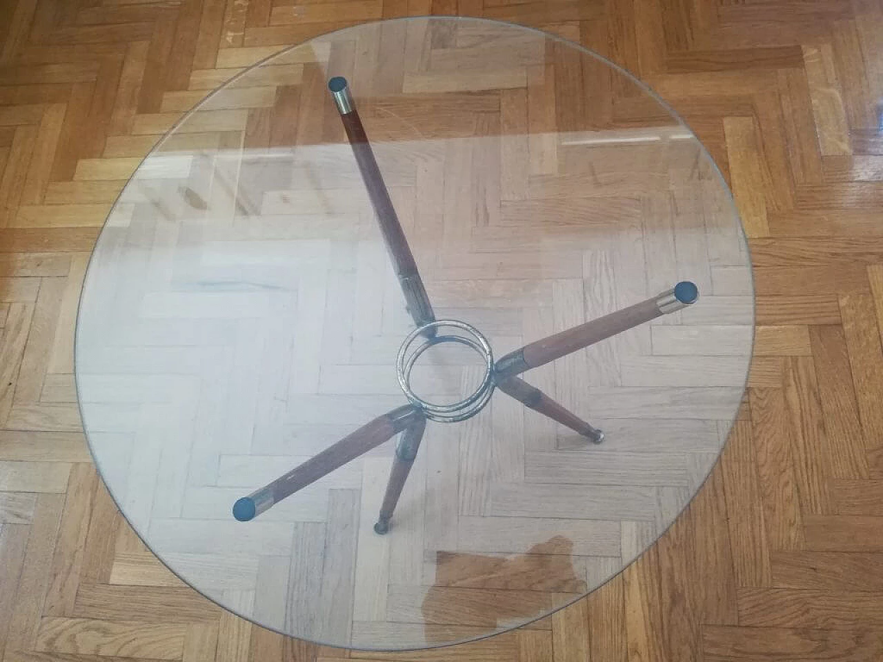 Coffee table in curved wood, glass and brass attributed to Cesare Lacca, 1950s 2