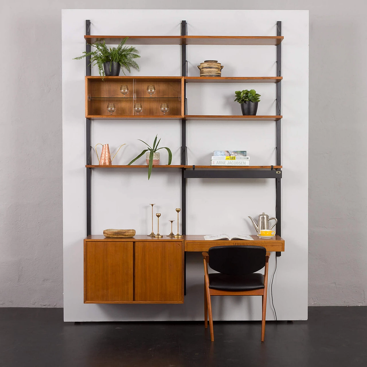 Walnut wall bookcase with desk, pair of cupboards and lamp by Poul Cadovius, 1960s 1