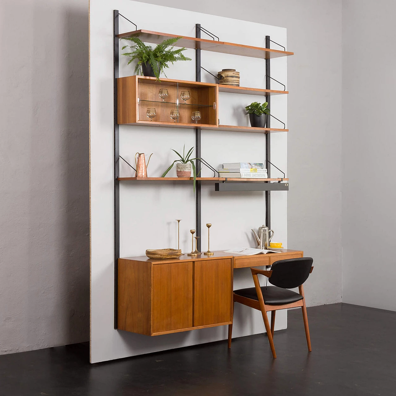 Walnut wall bookcase with desk, pair of cupboards and lamp by Poul Cadovius, 1960s 2