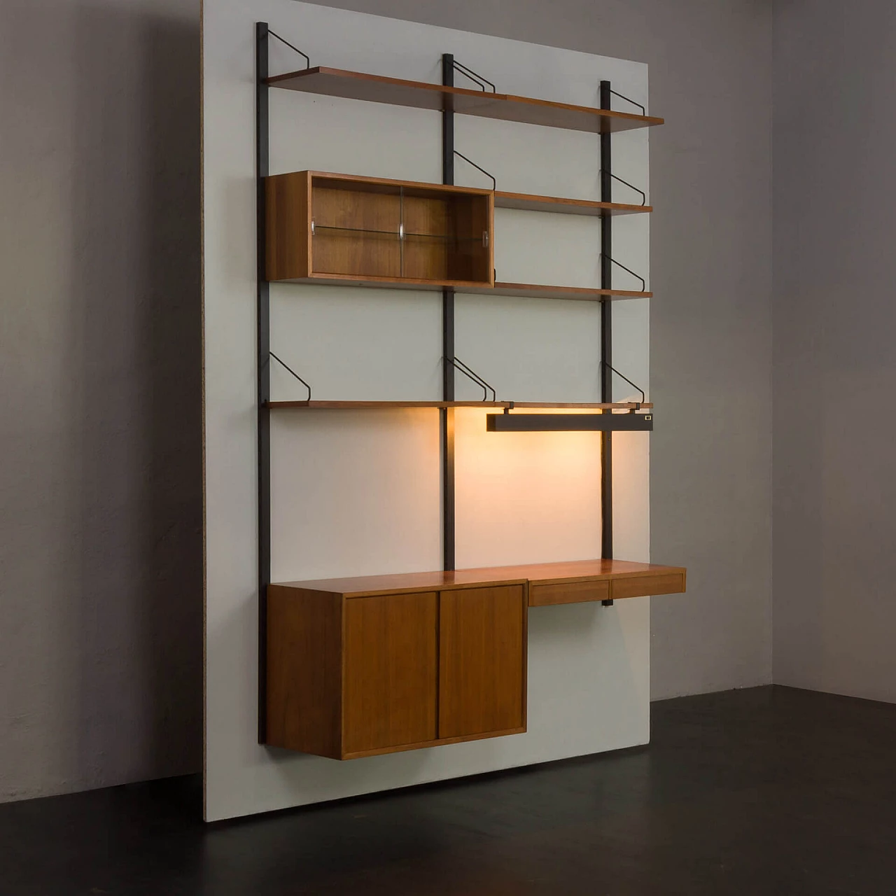 Walnut wall bookcase with desk, pair of cupboards and lamp by Poul Cadovius, 1960s 4