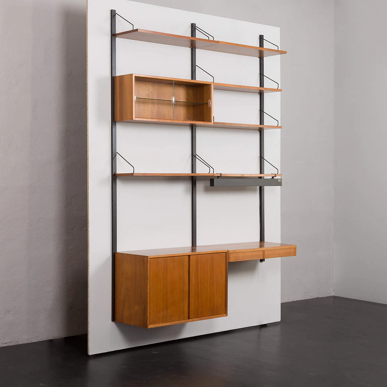 Walnut wall bookcase with desk, pair of cupboards and lamp by Poul Cadovius, 1960s 5