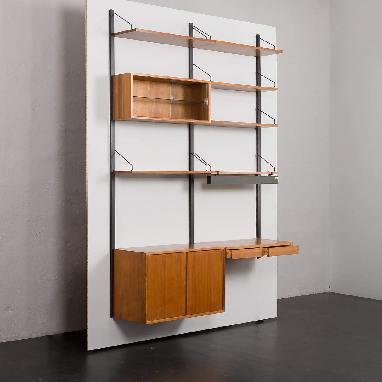 Walnut wall bookcase with desk, pair of cupboards and lamp by Poul Cadovius, 1960s 6