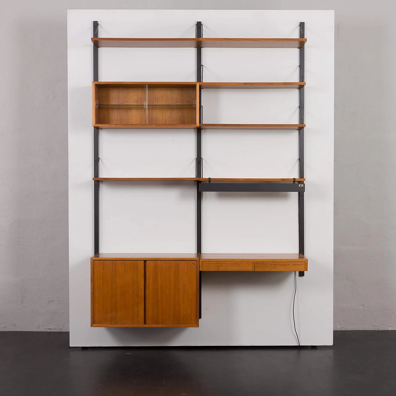 Walnut wall bookcase with desk, pair of cupboards and lamp by Poul Cadovius, 1960s 8