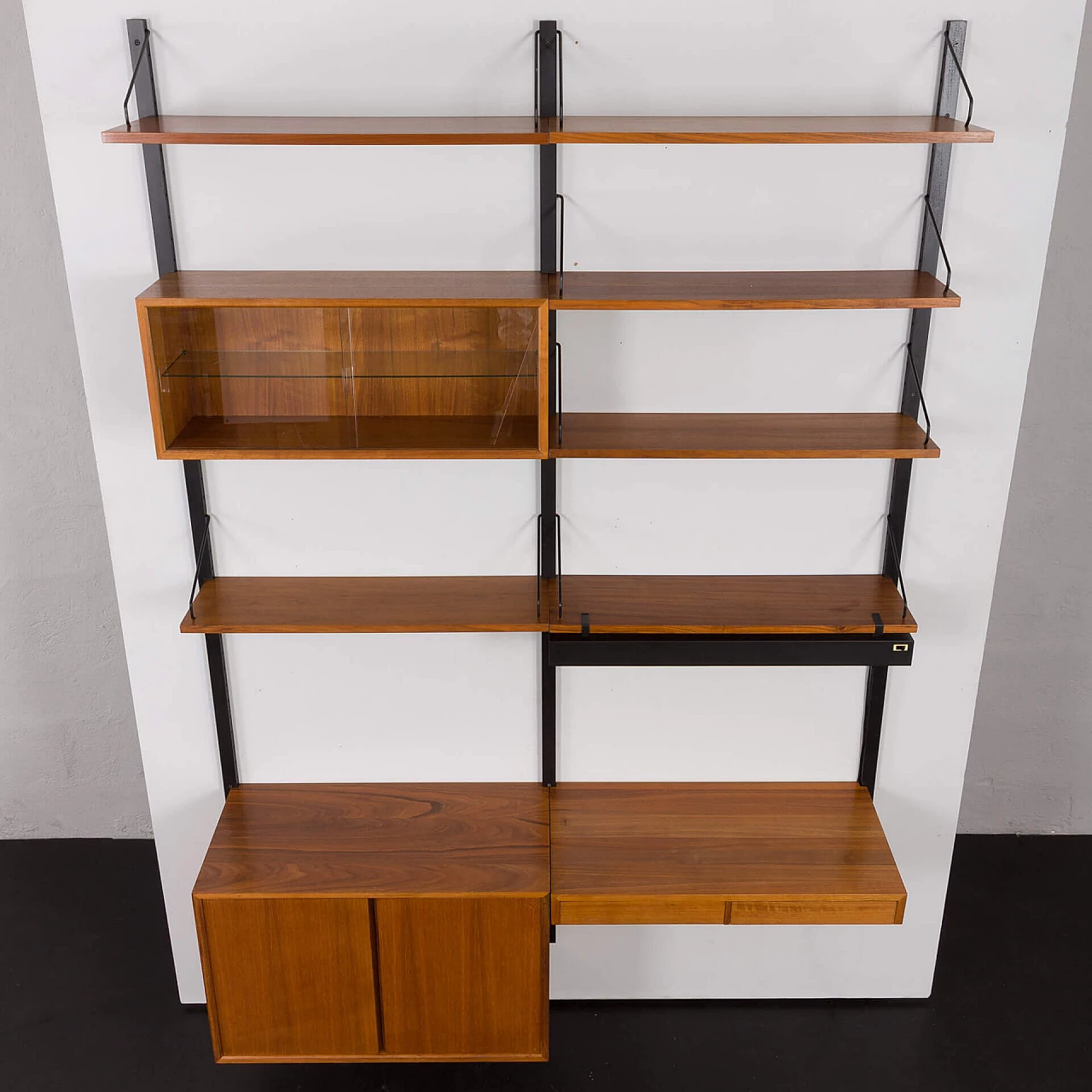 Walnut wall bookcase with desk, pair of cupboards and lamp by Poul Cadovius, 1960s 10