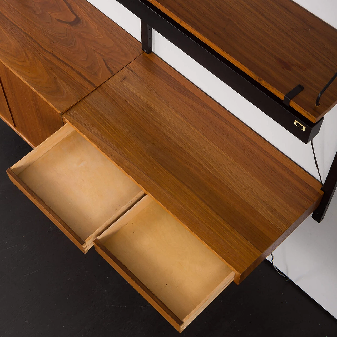 Walnut wall bookcase with desk, pair of cupboards and lamp by Poul Cadovius, 1960s 11