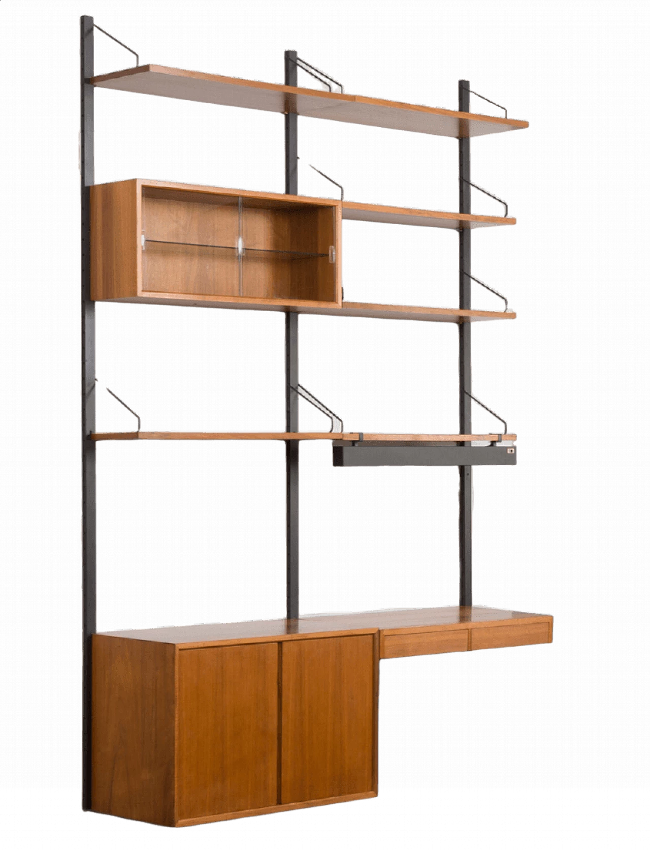 Walnut wall bookcase with desk, pair of cupboards and lamp by Poul Cadovius, 1960s 21