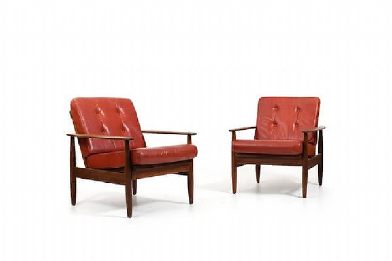 Pair of teak armchairs with leather seats, 1960s 1