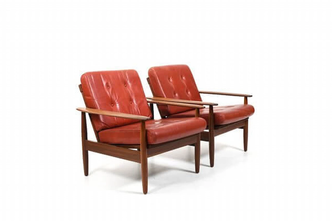 Pair of teak armchairs with leather seats, 1960s 2