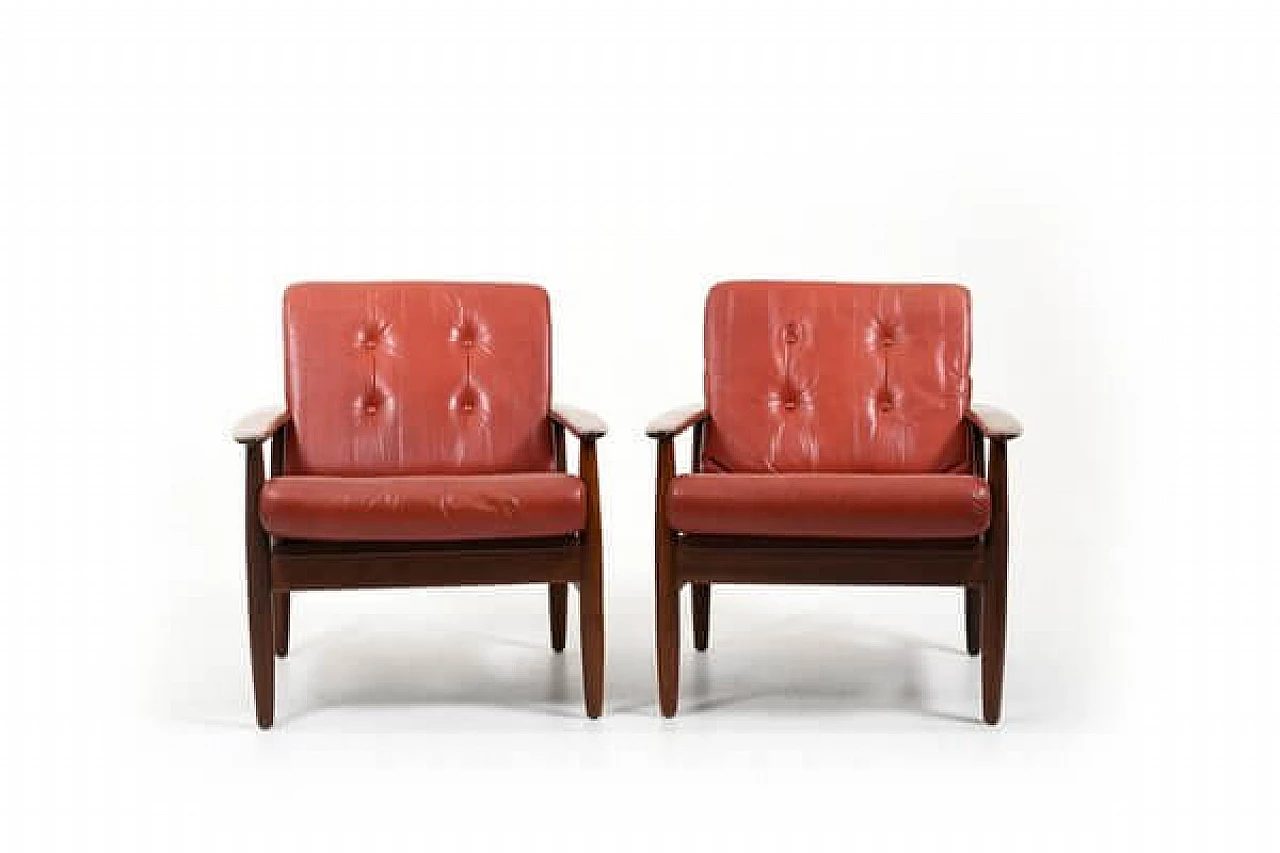 Pair of teak armchairs with leather seats, 1960s 3