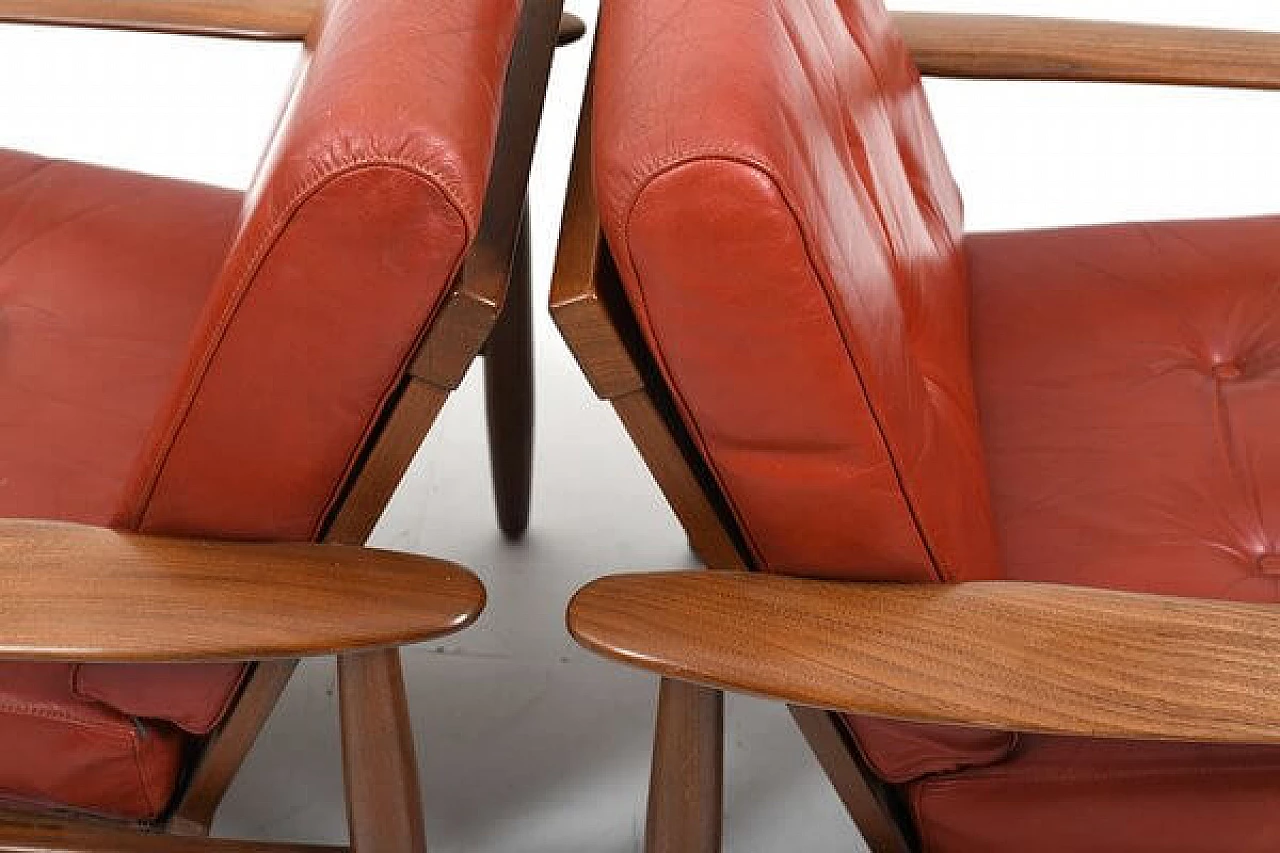 Pair of teak armchairs with leather seats, 1960s 5