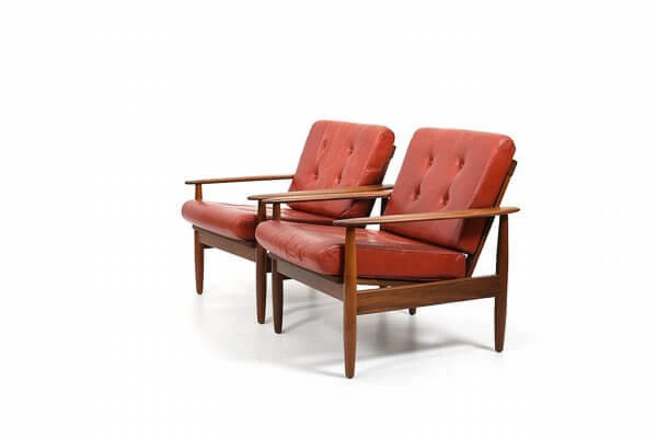 Pair of teak armchairs with leather seats, 1960s 6