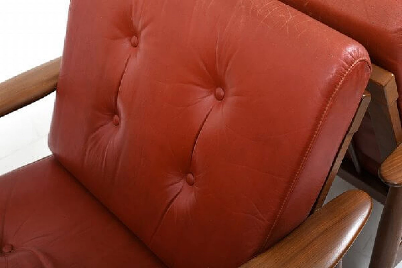 Pair of teak armchairs with leather seats, 1960s 8