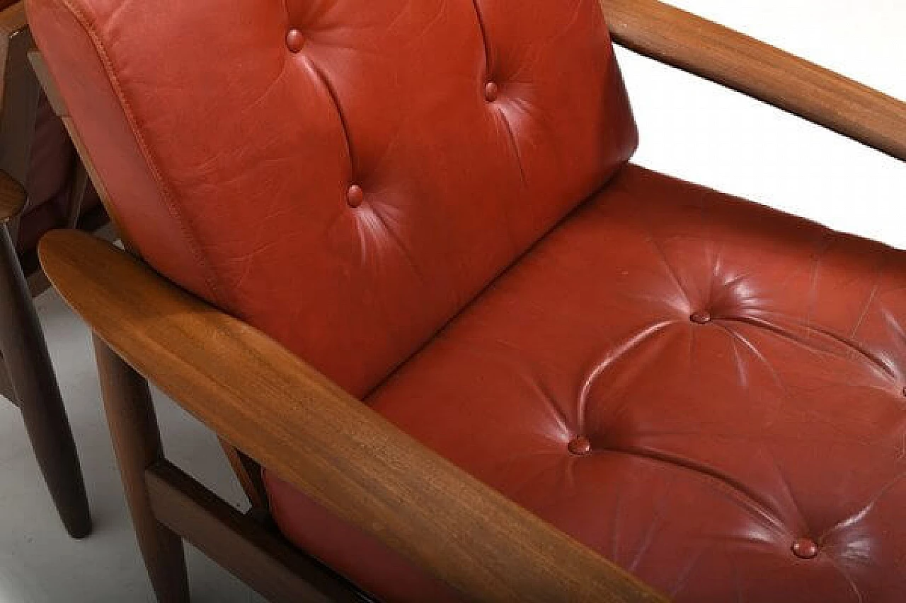 Pair of teak armchairs with leather seats, 1960s 9