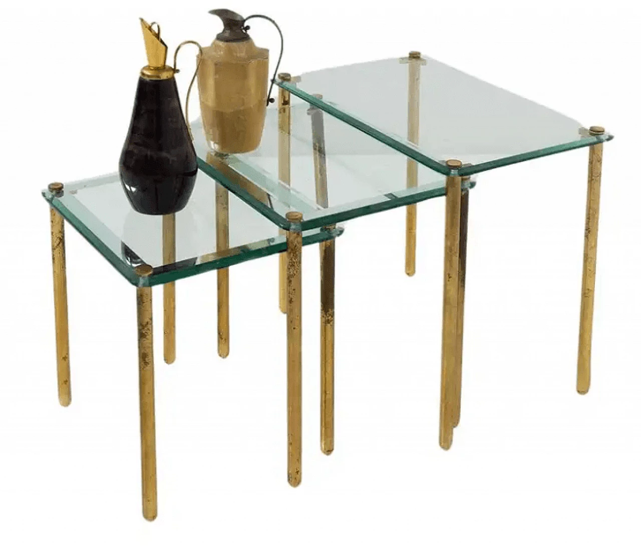 Triptych of small tables in thick glass and brass, 1960s 1