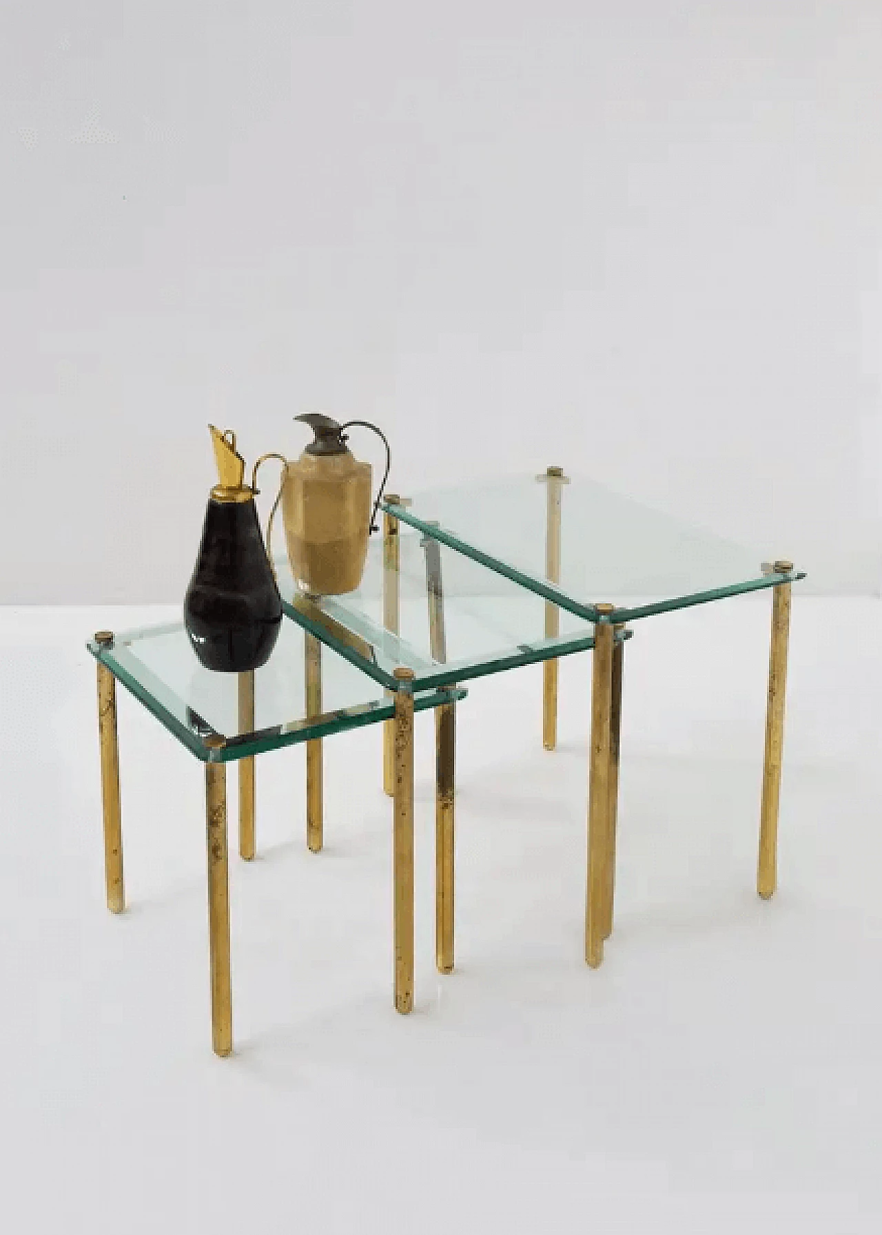 Triptych of small tables in thick glass and brass, 1960s 2