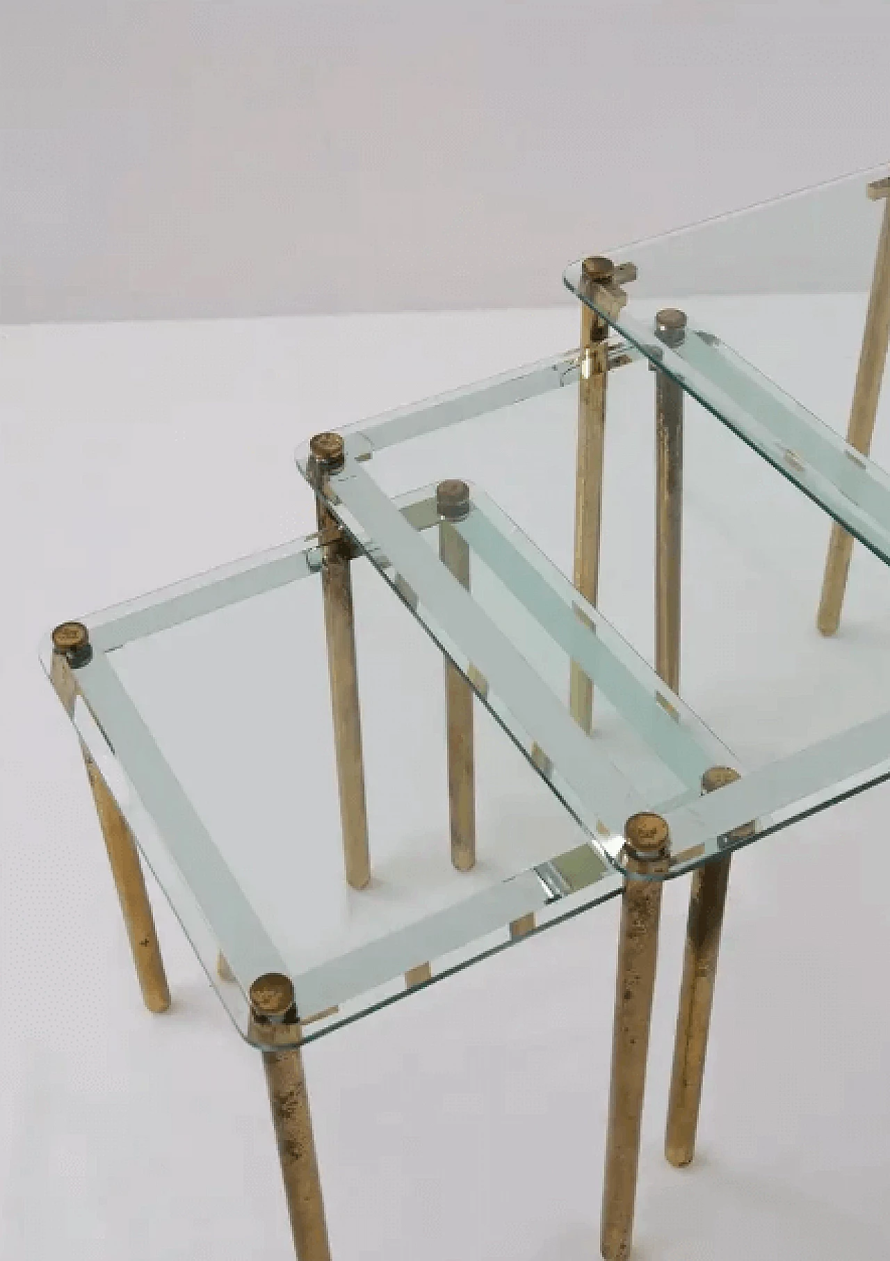 Triptych of small tables in thick glass and brass, 1960s 3