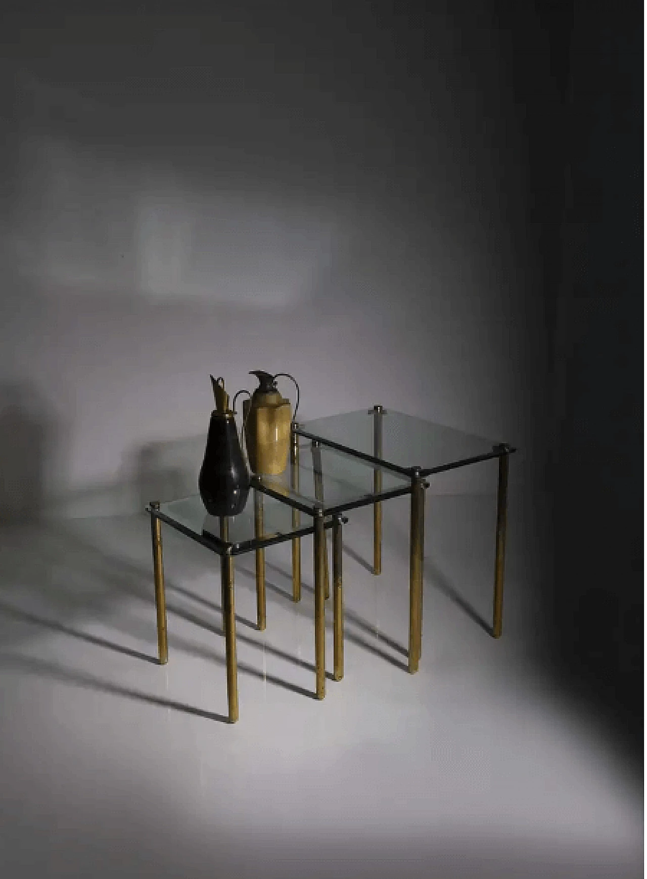 Triptych of small tables in thick glass and brass, 1960s 4