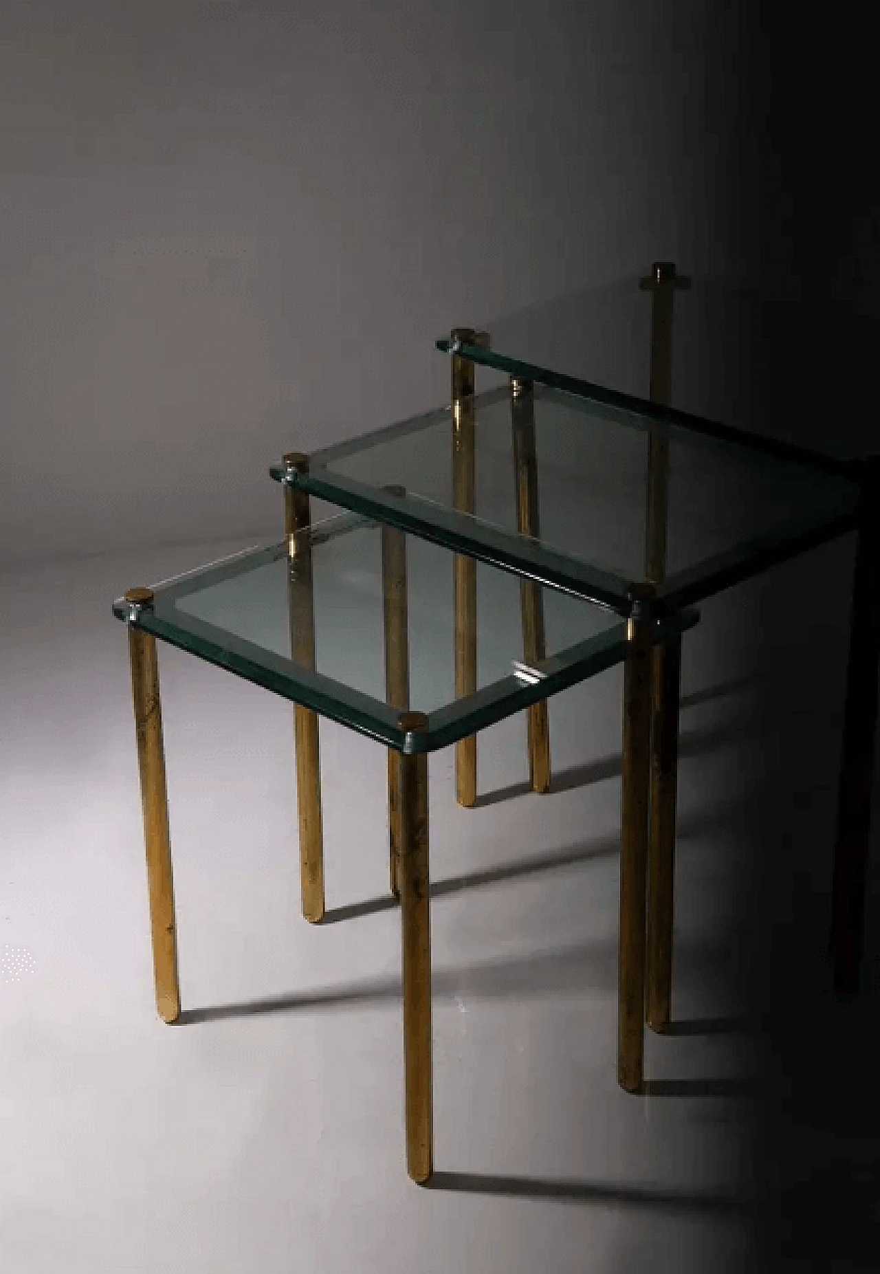 Triptych of small tables in thick glass and brass, 1960s 7